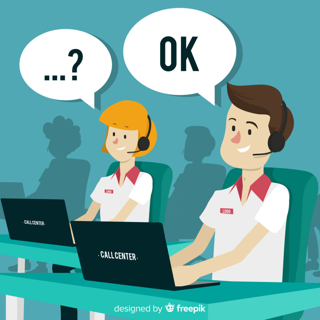 An image with a call center agents wearing their white uniform doing a customer service answers.