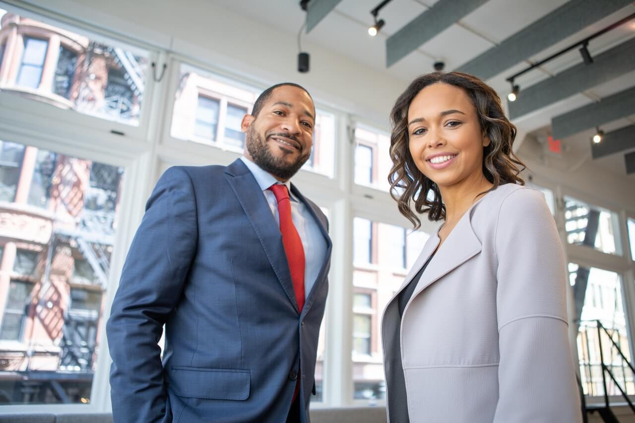 Businesspeople standing in an office building