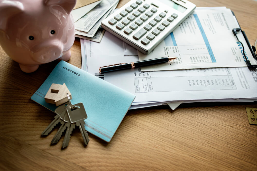 Business files and a calculator on a wooden desk