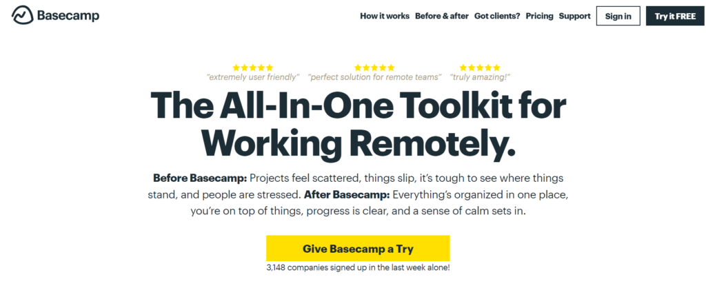 Screenshot of Basecamp Homepage