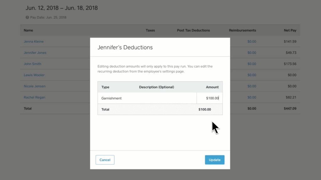 Screenshot of Square Payroll deductions