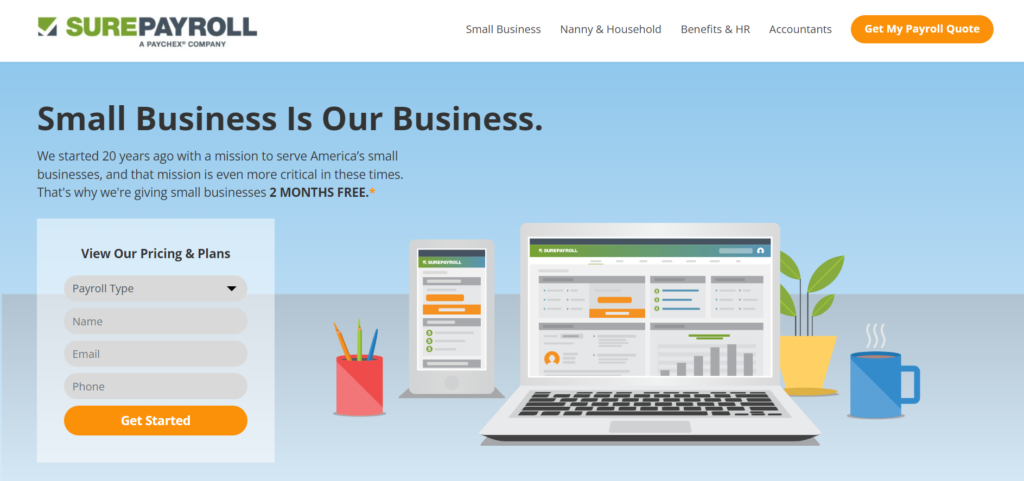 Screenshot of SurePayroll website homepage