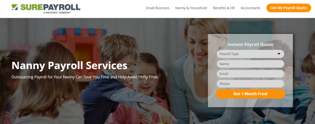 Screenshot of SurePayroll Nanny Payroll services page