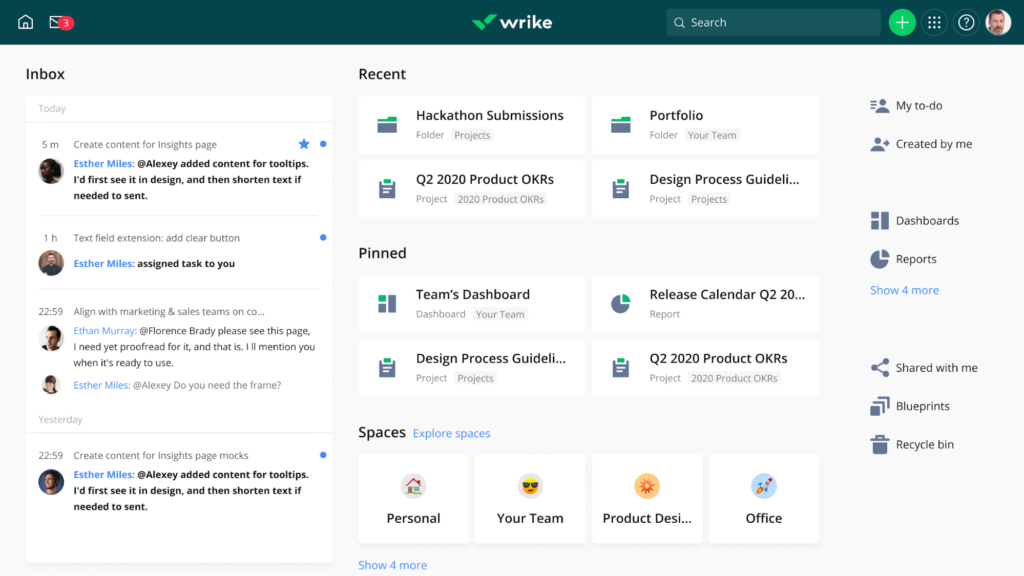 Screenshot of Wrike app home user interface