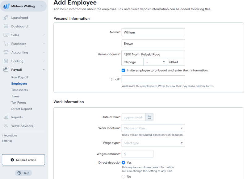 Screenshot of Add Employee page with Wave Payroll