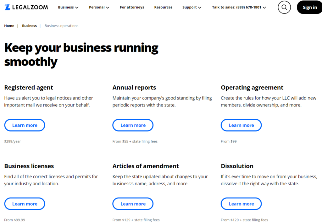 Screenshot of Legal Zoom Business Operations services