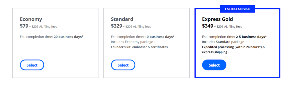 Screenshot of LegalZoom LCC formation pricing plan