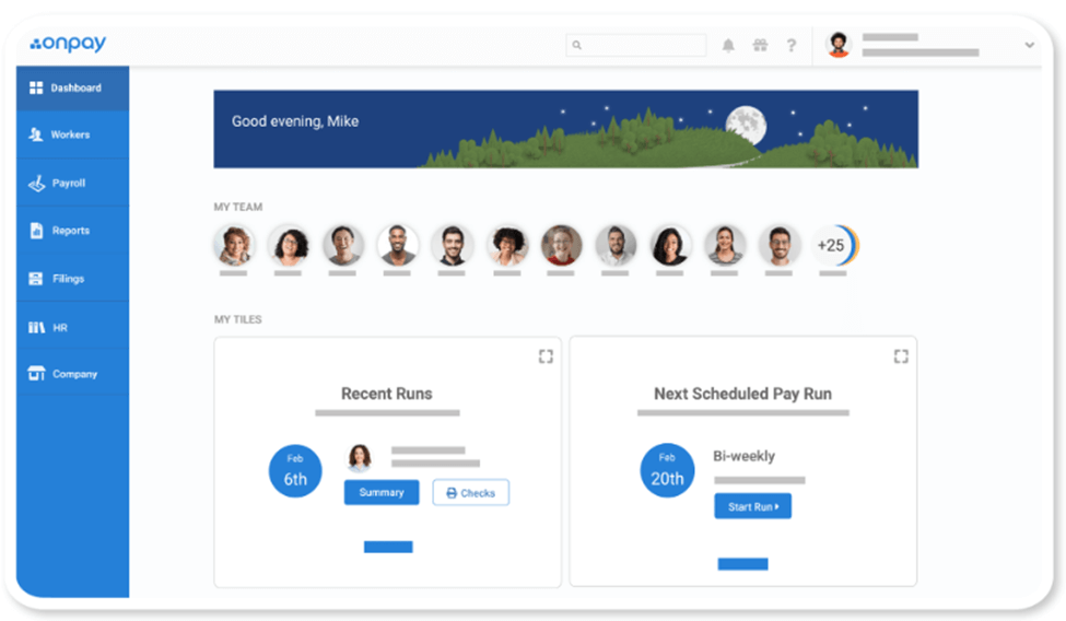 Screenshot of OnPay Payroll dashboard page showing scheduled payroll runs