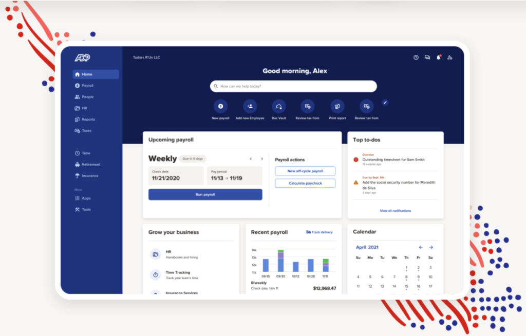 Screenshot of ADP payroll dashboard