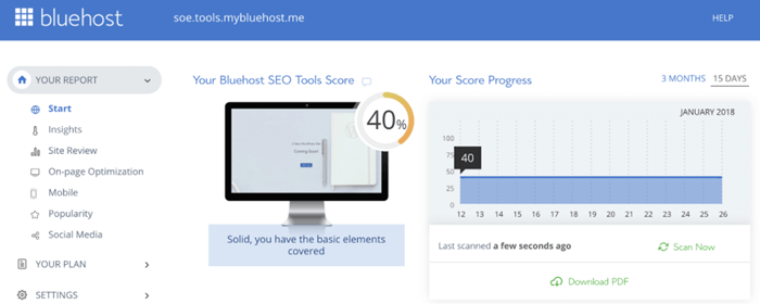 Screenshot of Bluehost website SEO tools