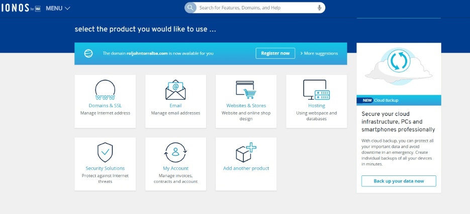 Screenshot of Ionos control panel