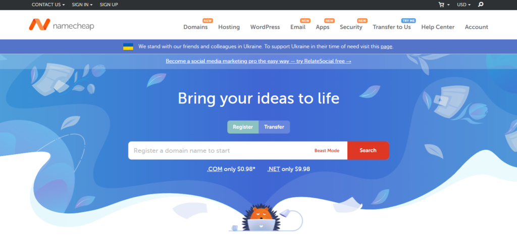 Screenshot of Namecheap website homepage