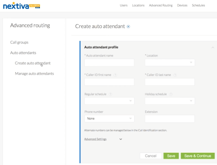 Nextiva's auto-attendant setup page