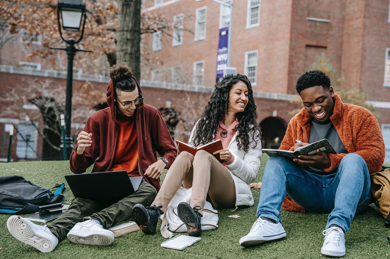 Students studying outside in a school