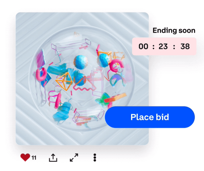 Coinbase Wallet app showing NFT bidding button for colorful sphere digital artwork