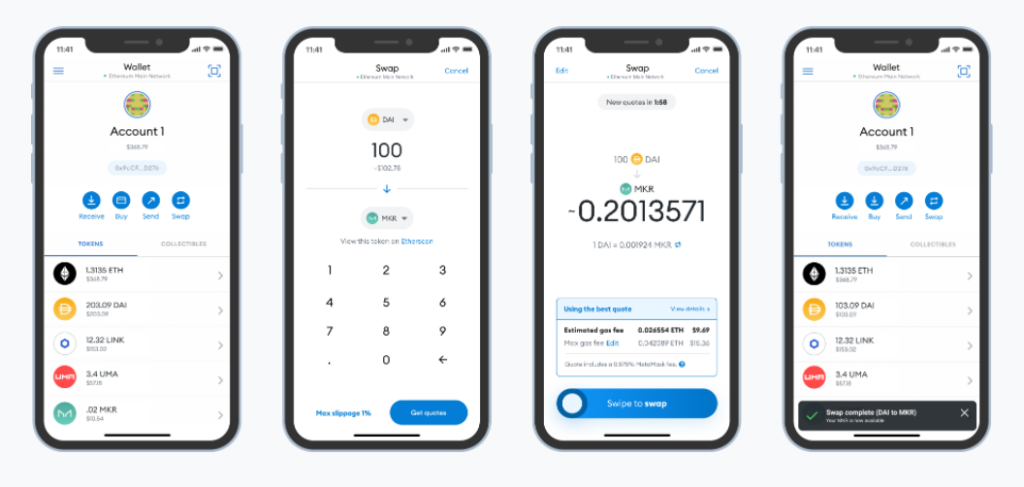 Four smartphones in a row showing different menus of MetaMask wallet