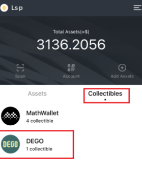 Math Wallet mobile app exhibiting NFT collectibles menu