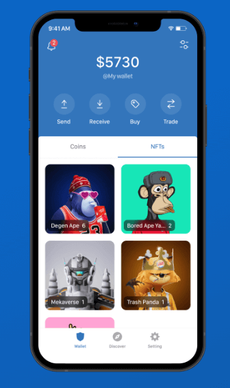 Smartphone featuring Trust Wallet mobile app displaying NFT collection