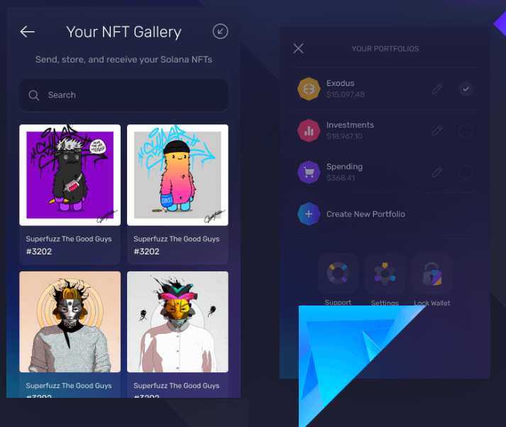 Two Exodus mobile app NFT gallery menus side by side