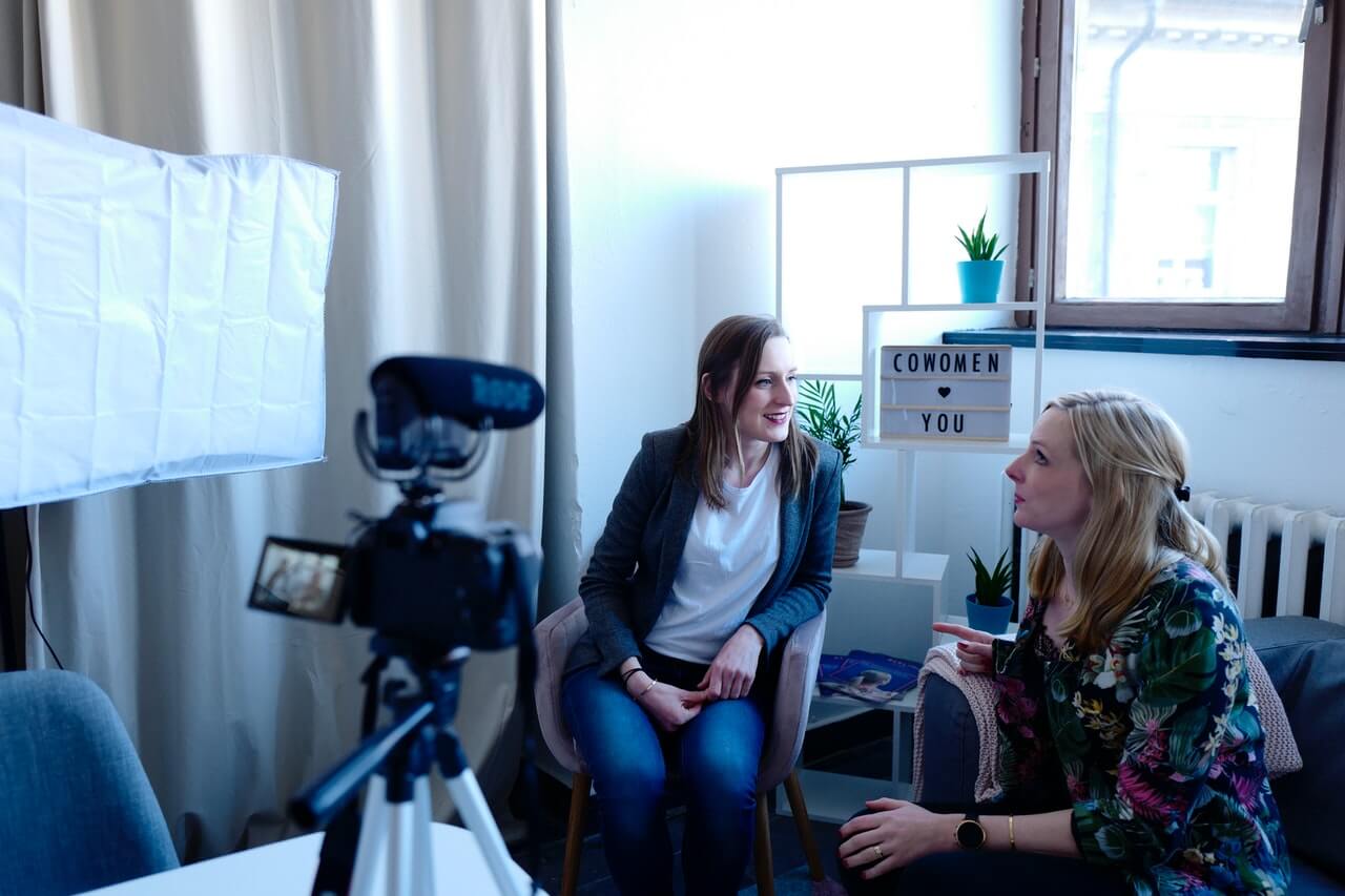 Women recording their section on camera