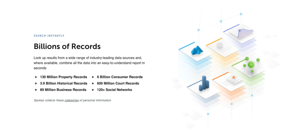 Screenshot on the Categories of personal information available on Spokeo