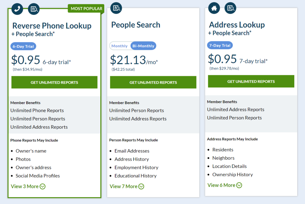 Screenshot of Intelius pricing plans