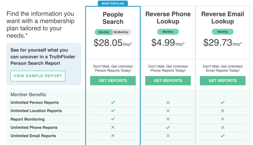 Screenshot of Truthfinder's subscription plans