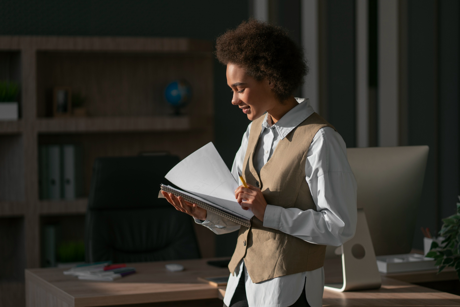 Businesswoman looking through business financials document